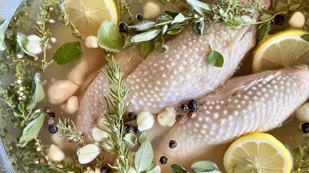 Chicken submerged in a homemade brine with fresh herbs and spices.