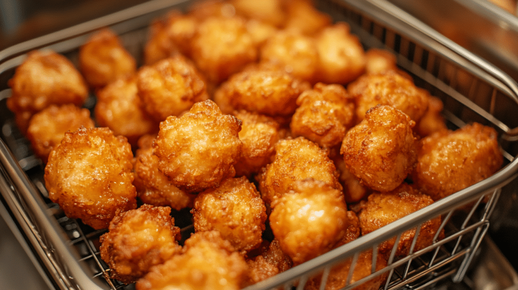 Crispy golden tater tots in a basket, freshly cooked in an air fryer.