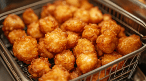 Crispy golden tater tots in a basket, freshly cooked in an air fryer.