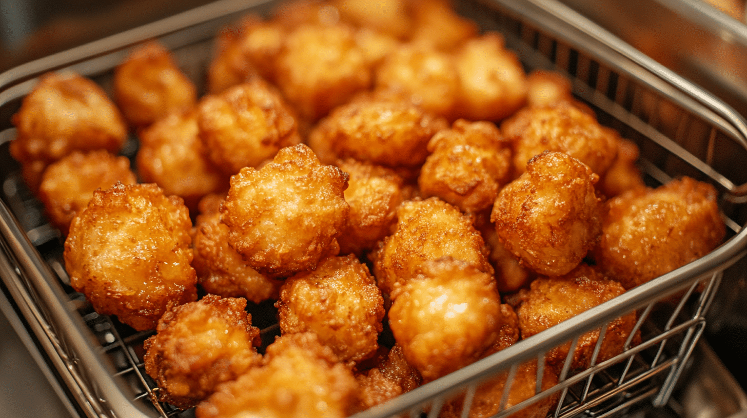Crispy golden tater tots in a basket, freshly cooked in an air fryer.