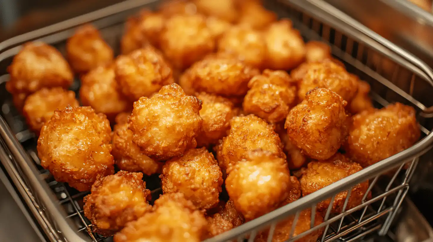 Crispy golden tater tots in a basket, freshly cooked in an air fryer.