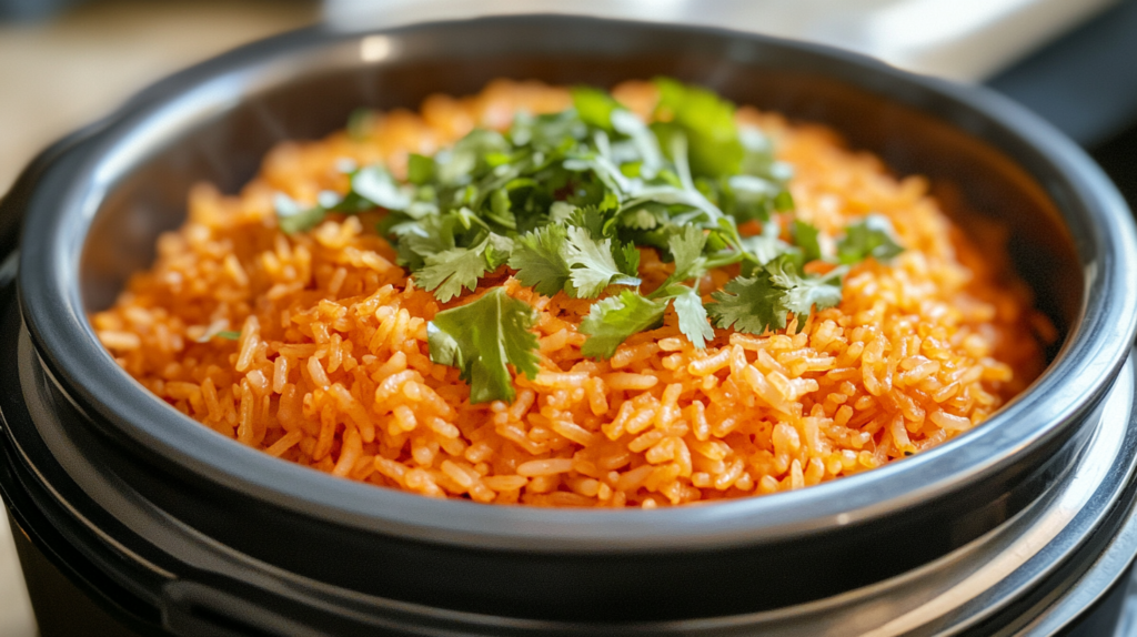 Freshly cooked Mexican rice garnished with cilantro in a ceramic bowl.