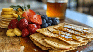 Golden sourdough crackers and fluffy pancakes made with sourdough discard, displayed on a wooden board.