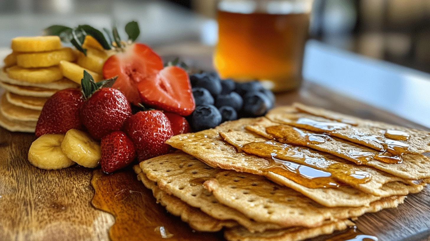 Golden sourdough crackers and fluffy pancakes made with sourdough discard, displayed on a wooden board.