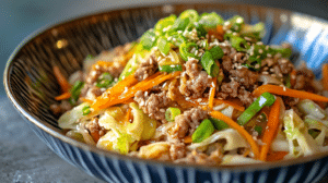 A vibrant plate of egg roll in a bowl with stir-fried ground pork, cabbage, carrots, and green onions.