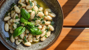 Juicy white bean and basil salad drizzled with olive oil and topped with fresh basil.