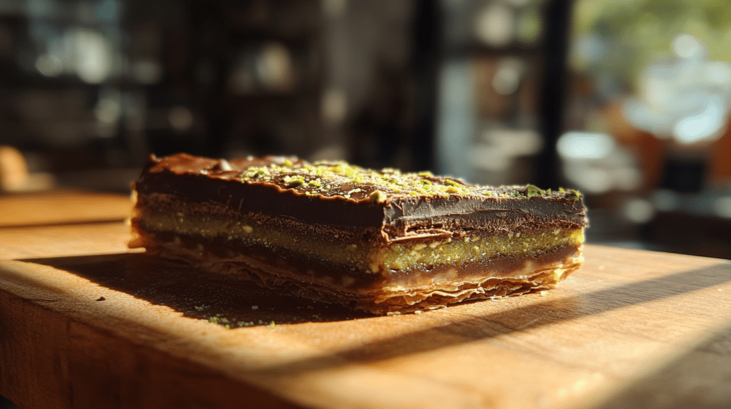 Delicious Dubai chocolate bar with layers of pistachio, kataifi, and chocolate.