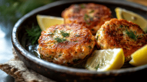 Juicy and crispy salmon cakes served with lemon wedges and fresh herbs.
