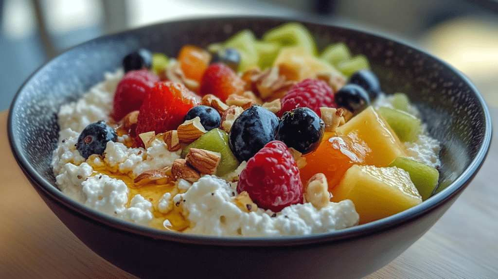 A bowl of cottage cheese topped with fruit, honey, and nuts.