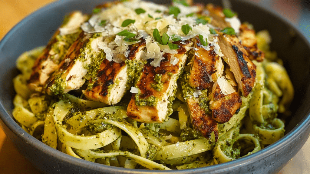 A bowl of protein pasta topped with pesto and grilled chicken, captured with an iPhone 15 Pro.