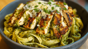 A bowl of protein pasta topped with pesto and grilled chicken, captured with an iPhone 15 Pro.