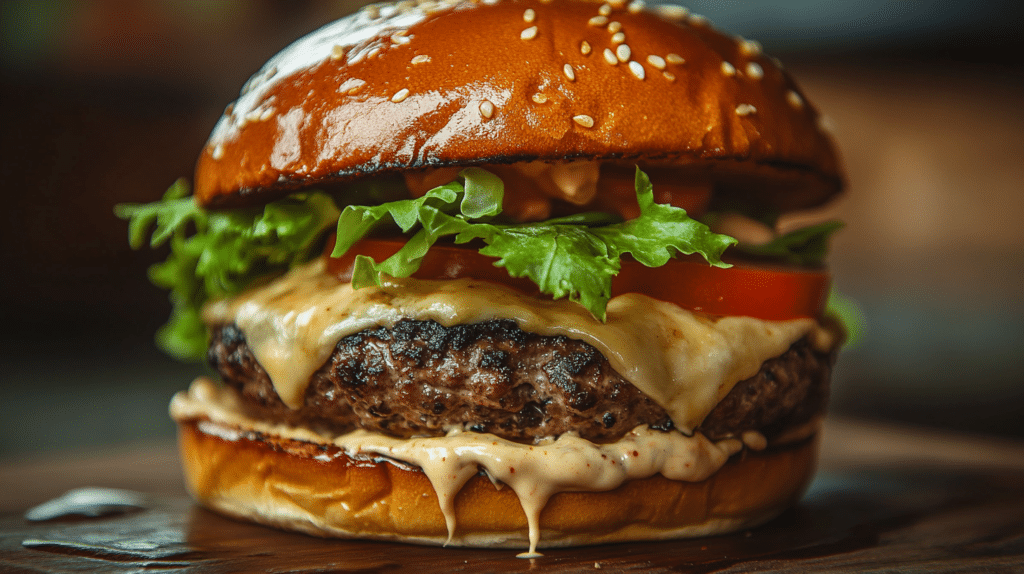 A juicy burger topped with creamy, tangy homemade burger sauce