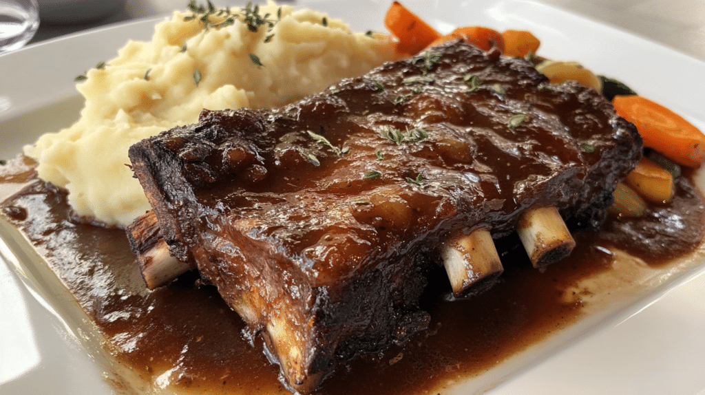 Juicy braised short ribs served with mashed potatoes and vegetables.