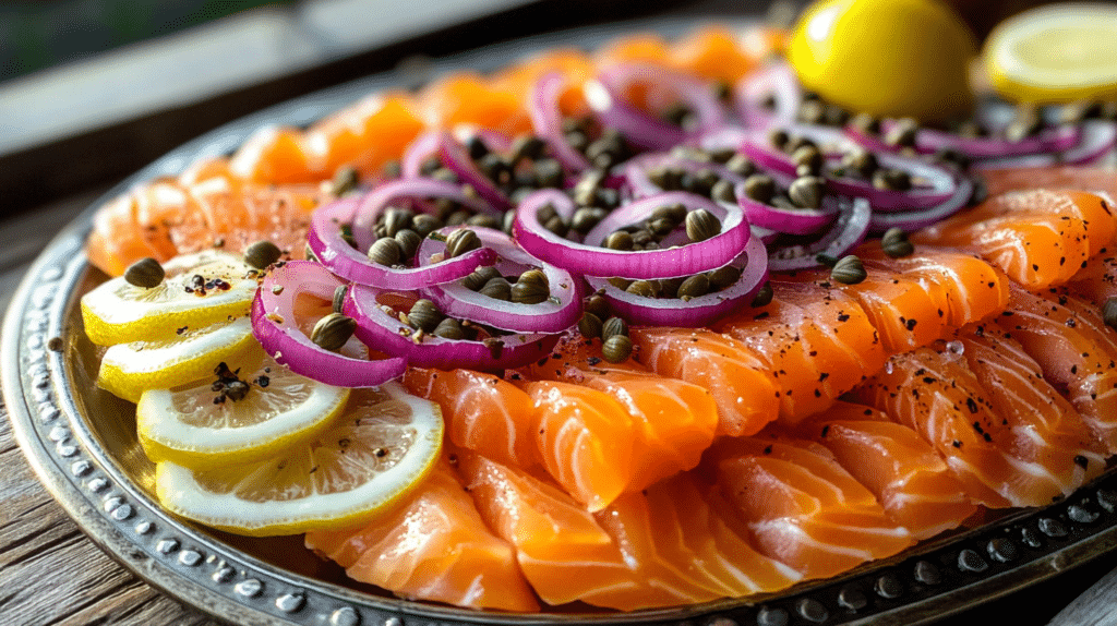 A platter of juicy smoked salmon with capers, red onions, and lemon slices.