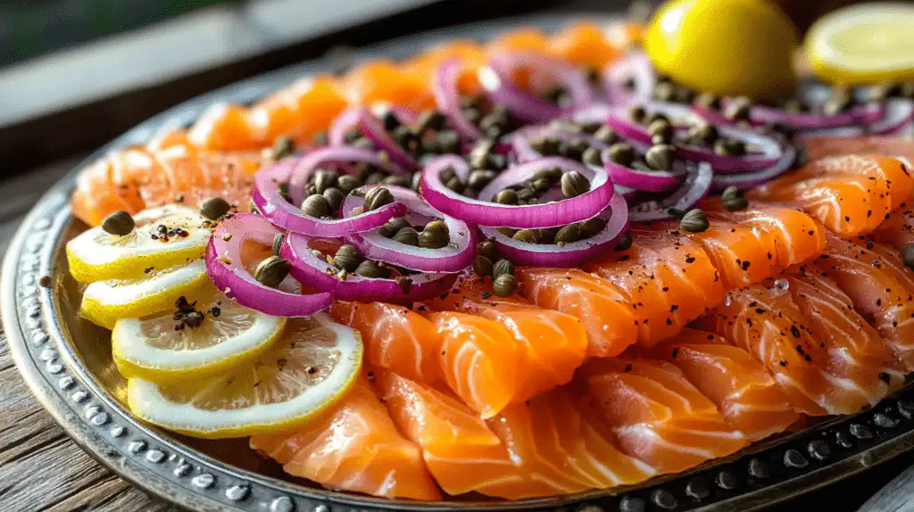 A platter of juicy smoked salmon with capers, red onions, and lemon slices.