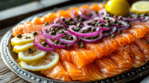 A platter of juicy smoked salmon with capers, red onions, and lemon slices.