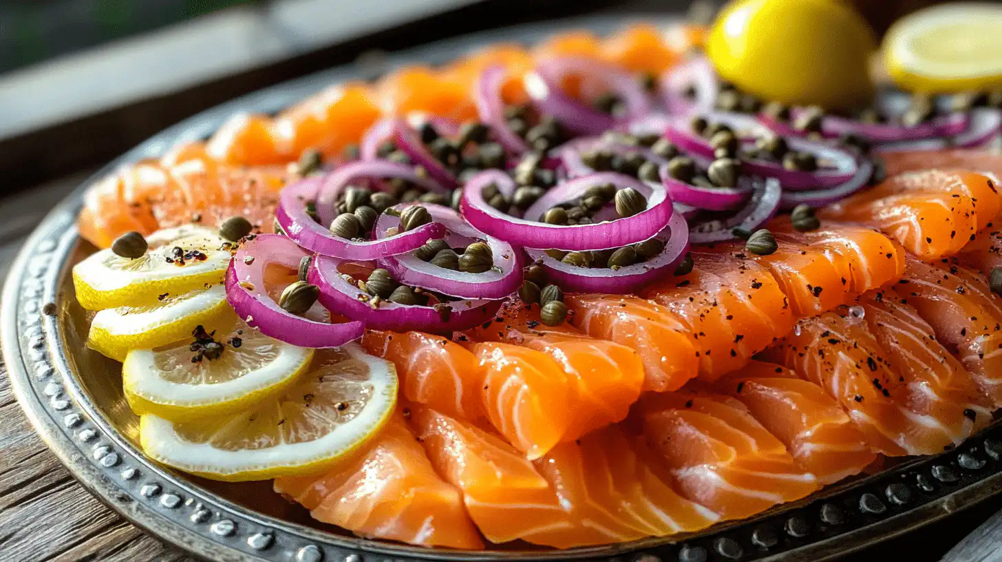 A platter of juicy smoked salmon with capers, red onions, and lemon slices.