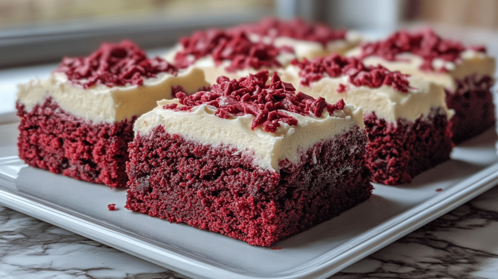 A plate of freshly baked red velvet brownies with cream cheese frosting.