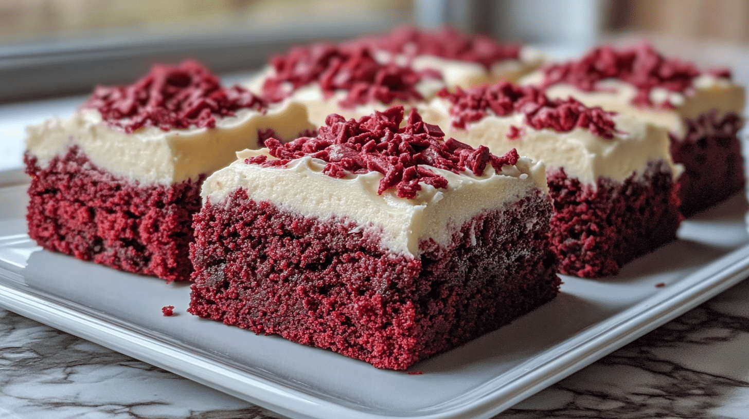 A plate of freshly baked red velvet brownies with cream cheese frosting.