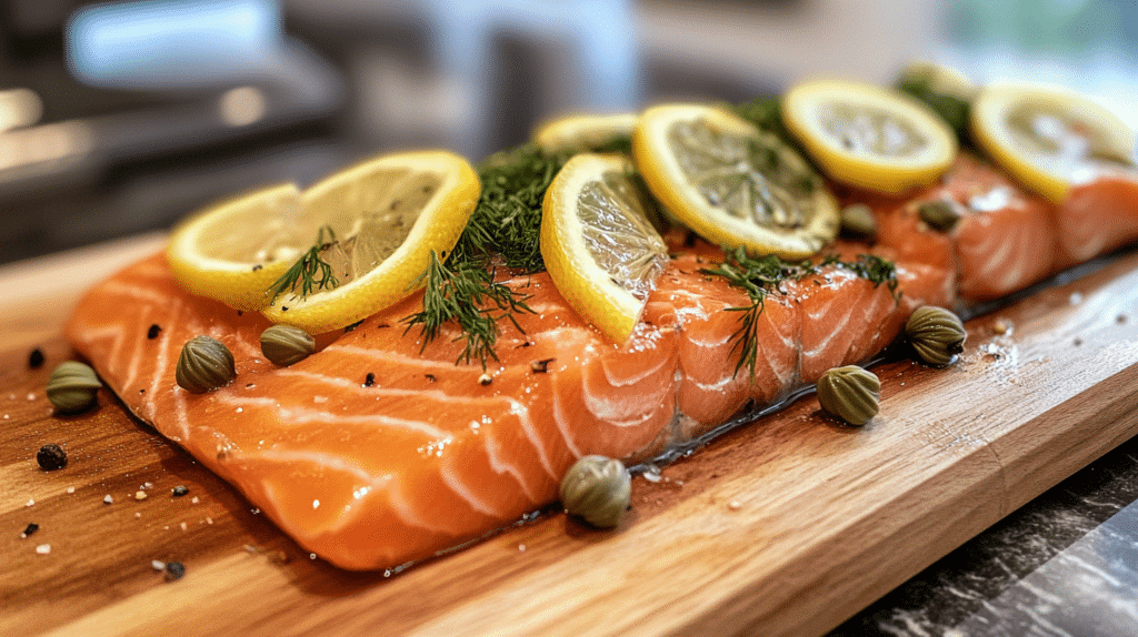 Juicy smoked salmon dish with lemon and capers