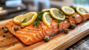 Juicy smoked salmon dish with lemon and capers