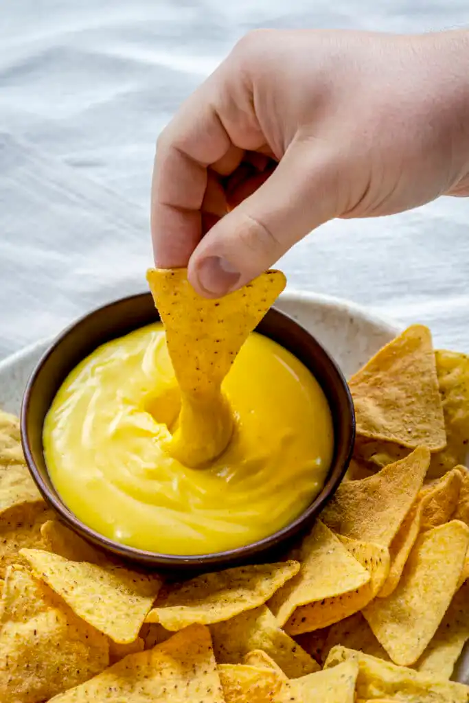 A bowl of Rotel dip with tortilla chips on the side.