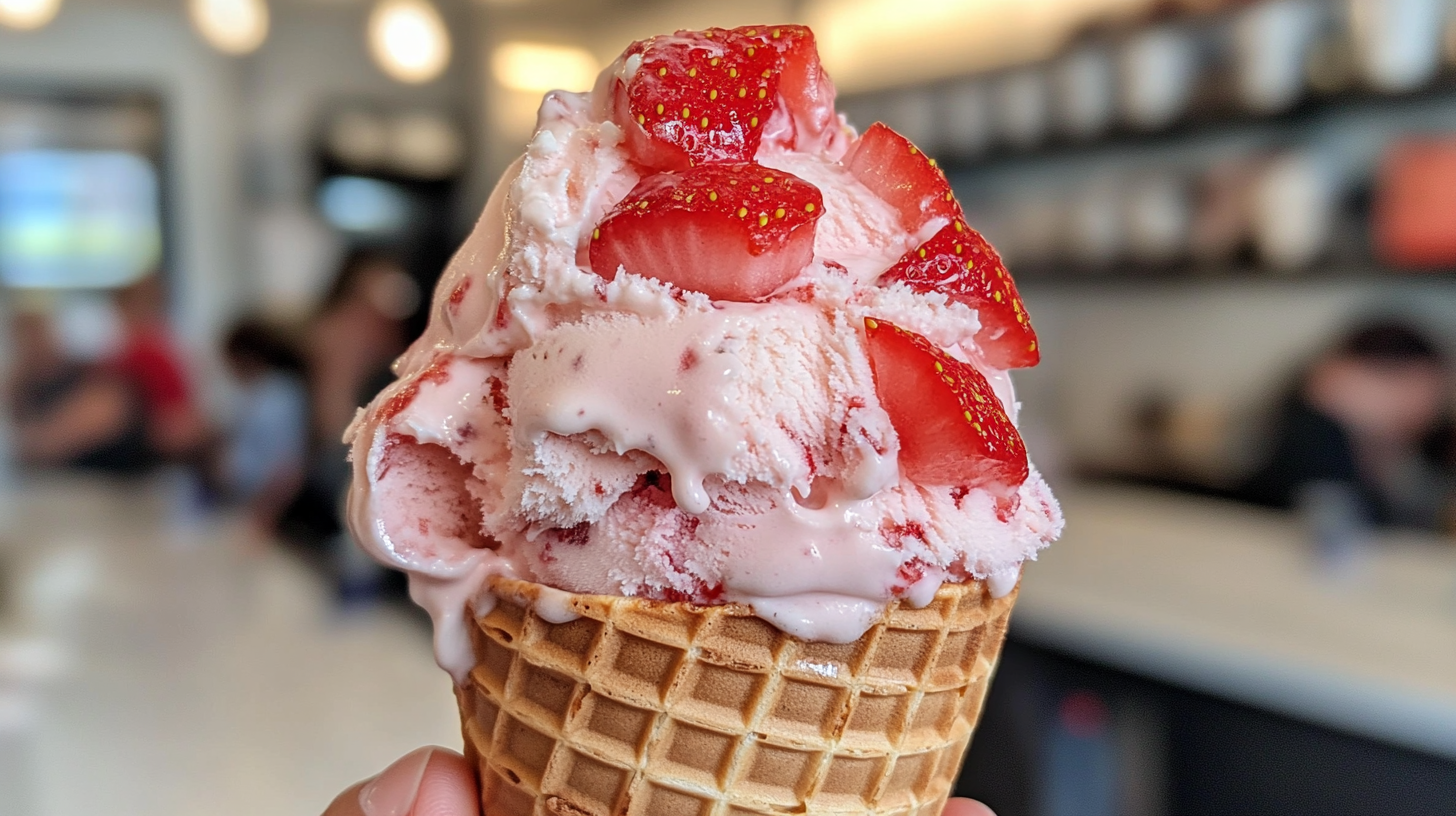 A scoop of creamy strawberry ice cream in a waffle cone, topped with fresh strawberry slices, taken with an iPhone 15 Pro.