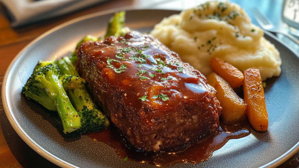 A juicy homemade meatloaf with a glossy ketchup glaze served with mashed potatoes and vegetables.