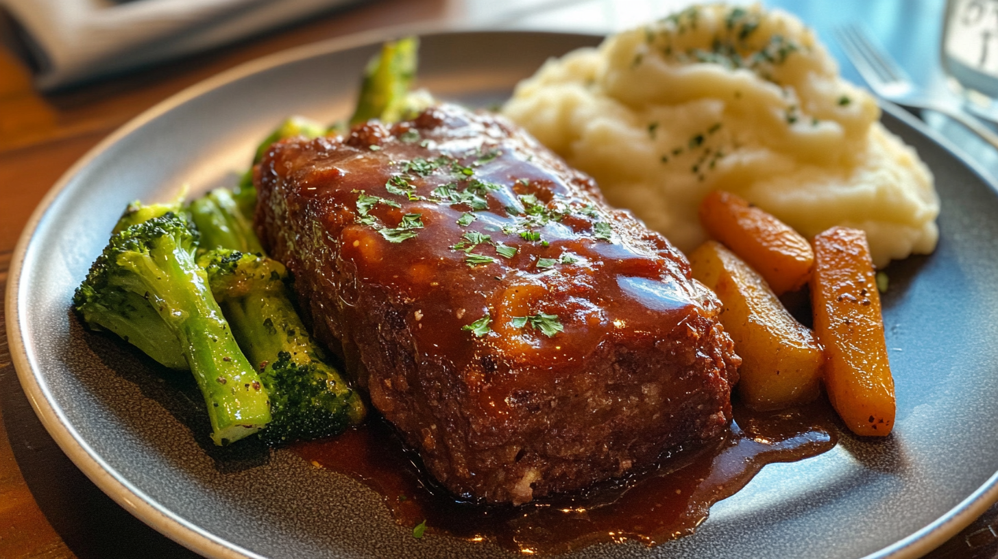 A juicy homemade meatloaf with a glossy ketchup glaze served with mashed potatoes and vegetables.
