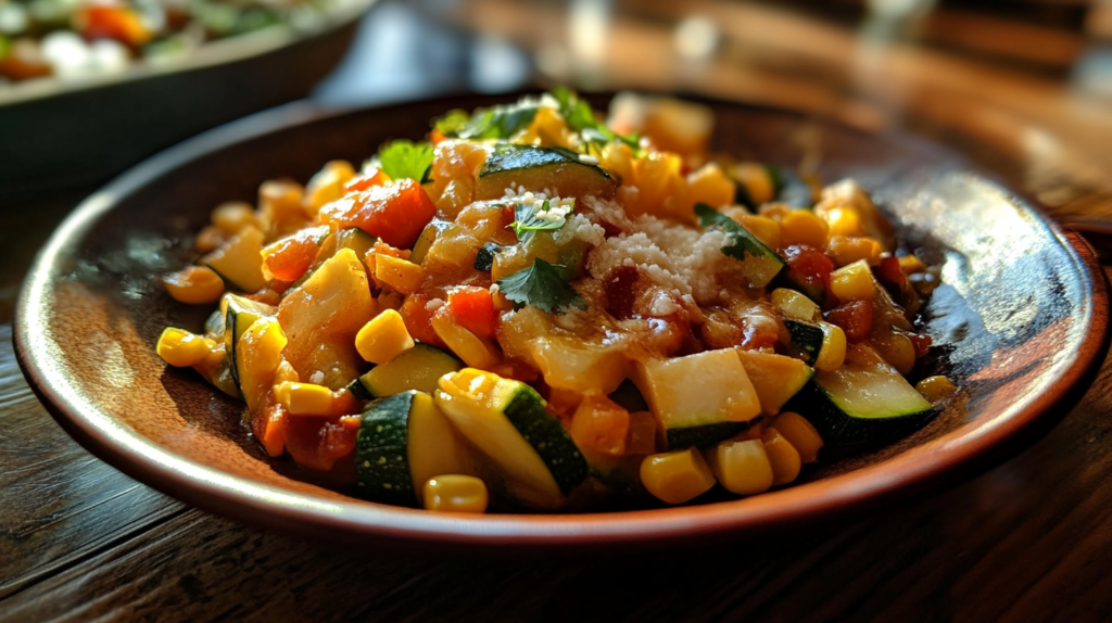 A plate of colorful calabacitas with zucchini, corn, and melted cheese.