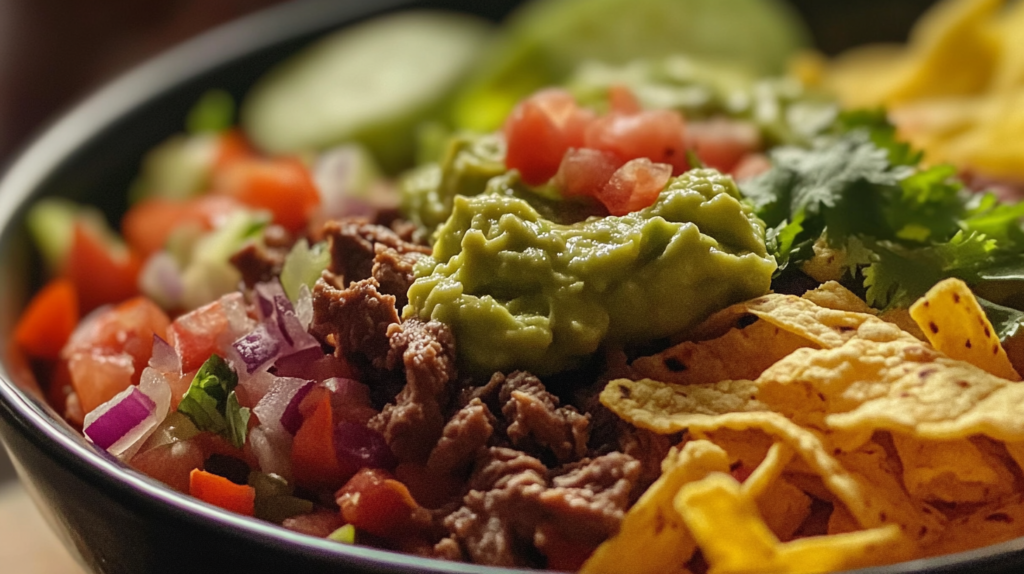 A vibrant taco bowl filled with juicy beef, fresh veggies, guacamole, and tortilla strips, captured in an iPhone 15 Pro.