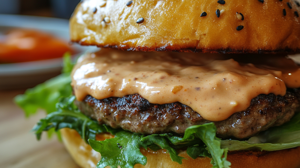 Homemade burger with creamy burger sauce, captured in a close-up shot