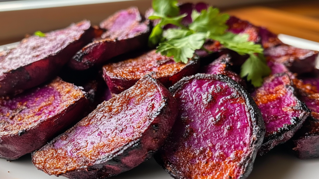 A plate of juicy roasted purple sweet potatoes with crispy edges.