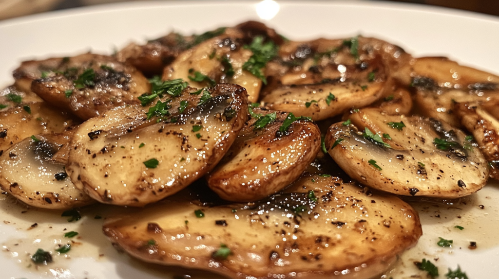 Sautéed oyster mushrooms with garlic and herbs, served on a white plate.