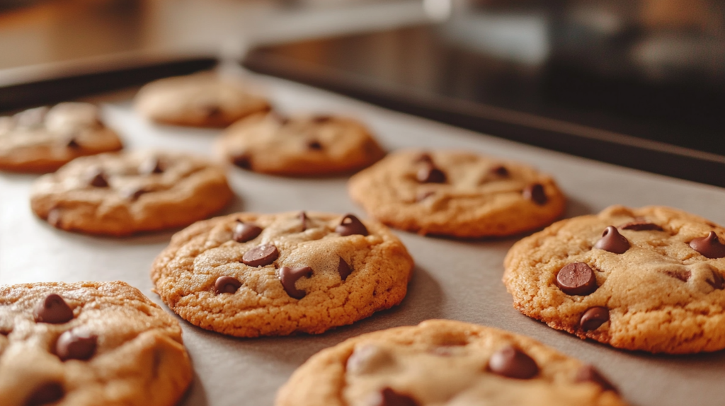 Golden brown chocolate chip cookies made without brown sugar, fresh out of the oven with melted chocolate chips.