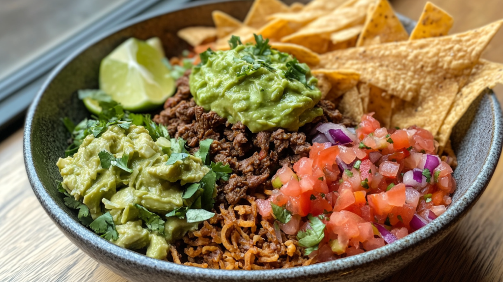 A close-up shot of a taco bowl filled with beef, guacamole, salsa, and veggies, taken with an iPhone 15 Pro.