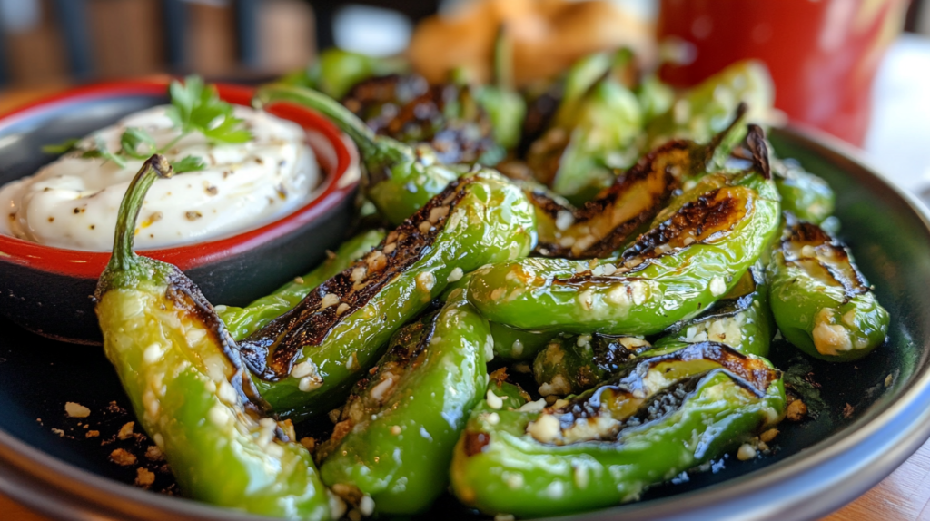Blistered shishito peppers with garlic aioli.