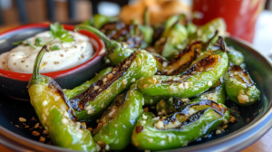 Blistered shishito peppers with garlic aioli.