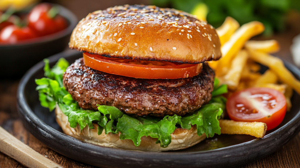 Grilled ground bison burger served with lettuce, tomatoes, and a side of fries
