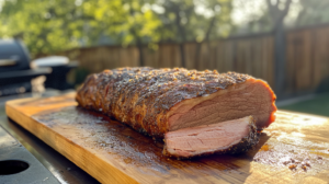 Juicy smoked pork loin with a golden crust sliced on a cutting board.