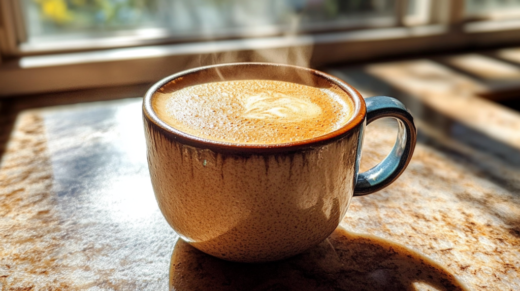 A cup of coffee mixed with butter and MCT oil, frothy and rich on a rustic kitchen counter.