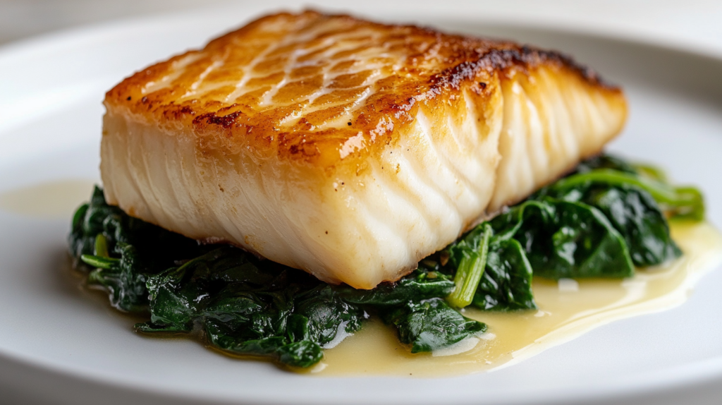 Miso-marinated black cod with crispy skin, served with sautéed spinach on a white plate.
