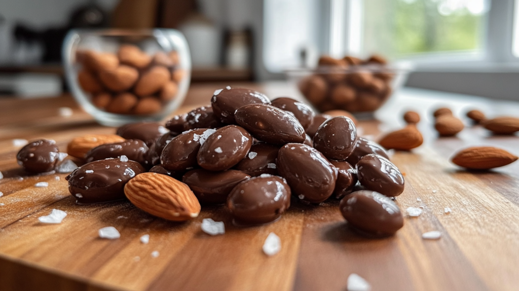 Glossy chocolate-covered almonds on a wooden board with a sprinkle of sea salt.