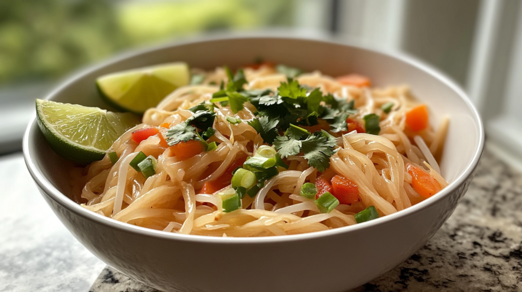 Bowl of rice noodles with fresh vegetables, garnished with cilantro and lime.