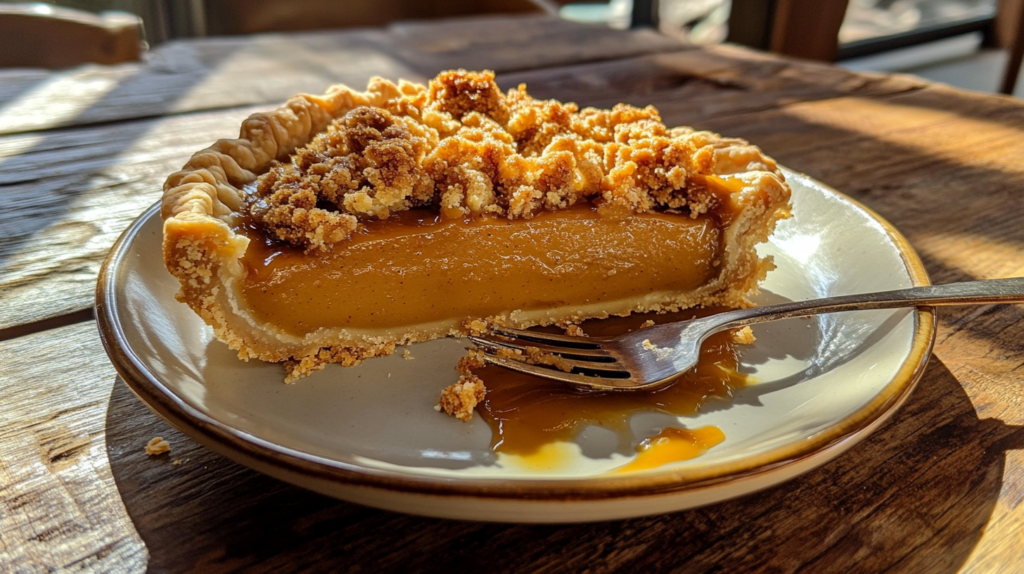 Slice of Milk Bar Pumpkin Pie with caramel drizzle and streusel topping.