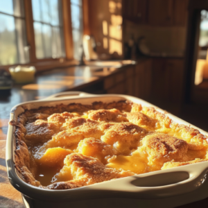 Freshly baked peach cobbler with a golden-brown cake mix topping in a rustic kitchen setting