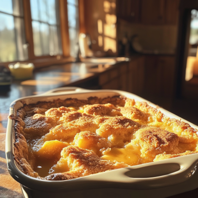 Freshly baked peach cobbler with a golden-brown cake mix topping in a rustic kitchen setting