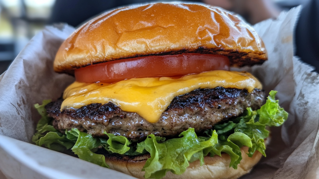 A delicious burger topped with aioli, lettuce, tomato, and cheese, captured in vibrant detail on an iPhone 15 Pro.