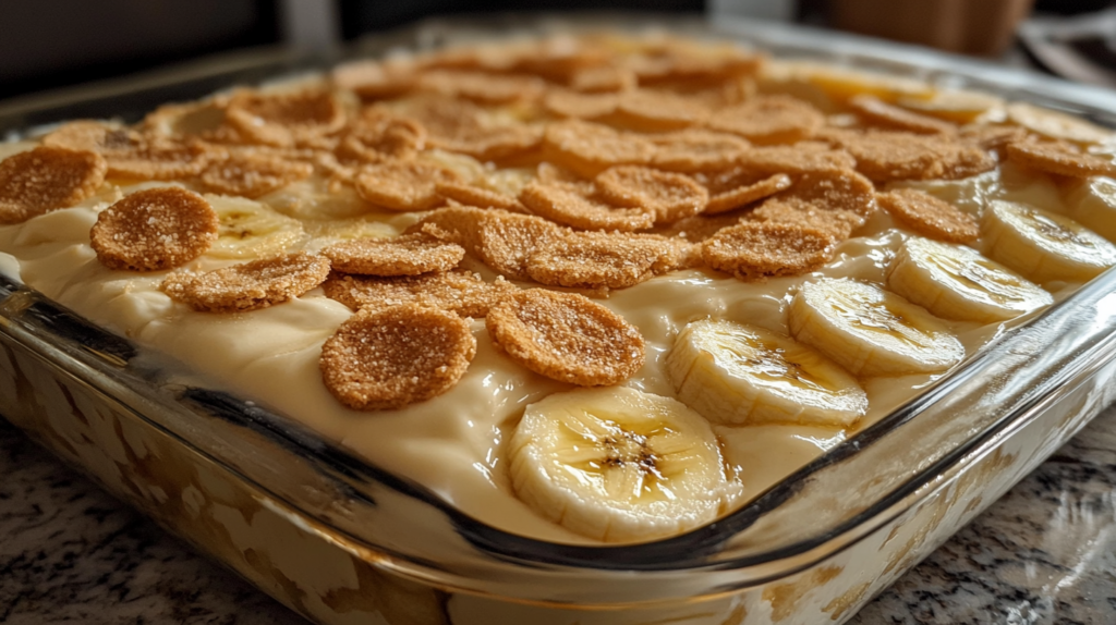 A creamy banana pudding with fresh banana slices and golden vanilla wafers, captured with an iPhone 15 Pro.