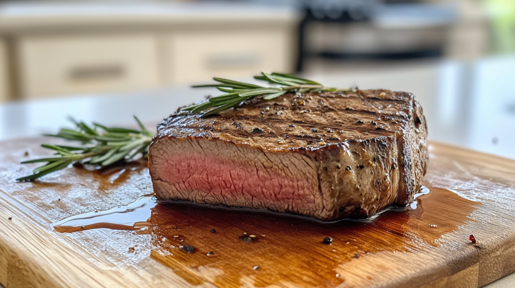 Juicy grilled beef round steak with rosemary on a cutting board.